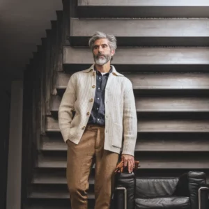 Mann in hochwertigem Outfit, beiger Cardigan, braune Hose - Dress Code Herrenausstatter Nürnberg